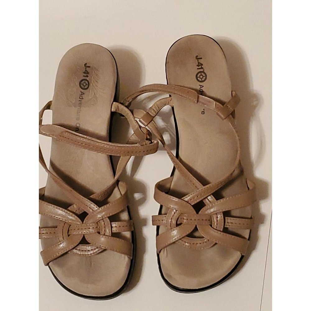 J-41 ADVENTURE ON St Martin Size 10 M Beige Tan Wedge Heel Strappy Thong Sandals